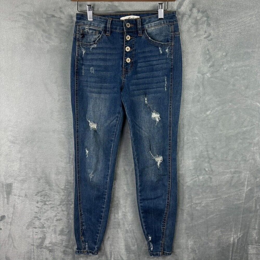 KanCan Skinny Jeans Womens Size 5/26 Blue Stretch Button Fly Denim Distressed